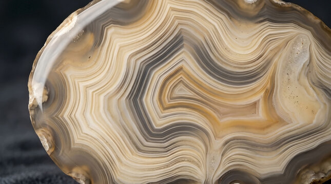 Macro view of banded agate stone slice. Concentric chalcedony layers in beige and brown. Natural geological mineral texture