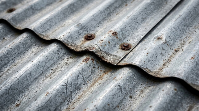 Weathered gray corrugated tin roof texture. Close-up of old metal surface with rust spots and scratches. Industrial architectural background