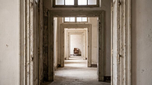 Bureaucracy Concept, Long Straight Enfilade Of Open Doorways Receding Through Empty Peeling Painted Old Building
