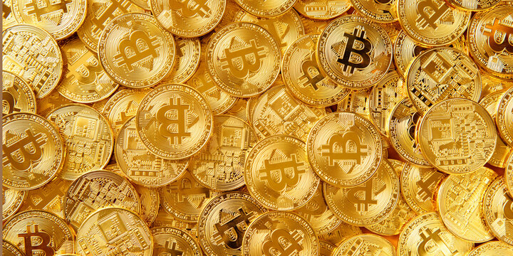Golden bitcoin coins background with stacked cryptocurrency symbols