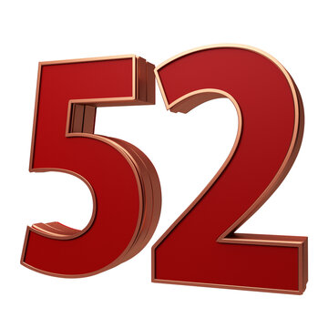 Modern 3D Number 52 red color gold outline Style