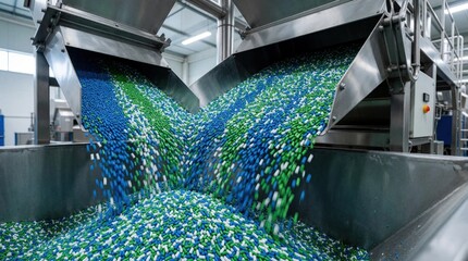 Fototapeta premium Colorful plastic pellets spill from metal hoppers into large container. Blue green, white recycled granules flow through industrial recycling machine. Sustainable material production process in