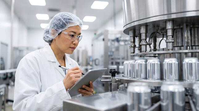 Quality Control Specialist Inspecting Aluminum Cans in Beverage Factory