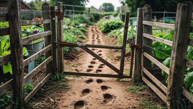 Rustic wooden gate opening onto a vegetable garden