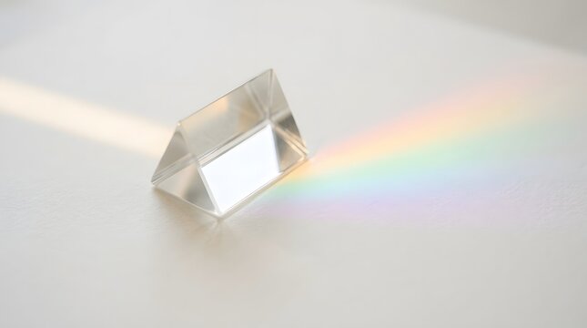 Glass prism refracting rainbow light on white surface