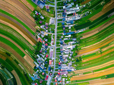 Aerial view of the linear village of Suloszowa with houses lining a central road and narrow agricultural fields in Suloszowa, Lesser Poland Voivodeship, Poland.