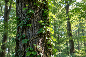Obraz premium Delicate vines winding up the trunk of a tall oak tree, detailed bark and leaves.