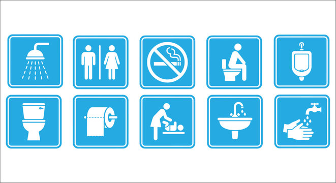 Collection of restroom signage icons depicting showers toilets and handwashing in a flat blue style bathroom toilet urinal shower sink no smoking gender facilities pictograms symbols