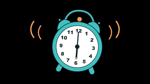 Teal alarm clock ringing loudly at six o'clock isolated on a transparent background, vector illustration design