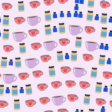 Seamless pattern of coffee cups and bottles