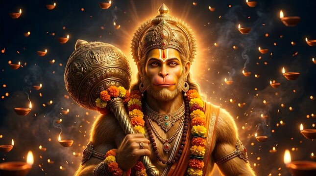 Hanuman deity with mace surrounded by glowing oil lamps