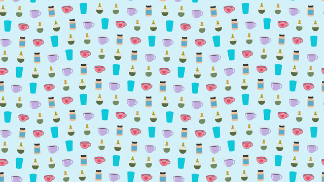 Seamless pattern of cups, glasses, and bottles