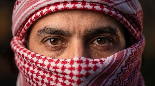 Close up portrait of arabian man wearing traditional red and white keffiyeh headscarf shroud.
