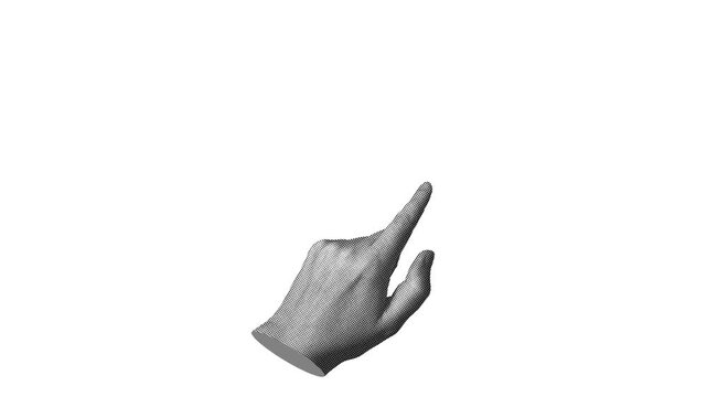 Halftone hand performing swipe gestures in all four directions on white background. Retro pop art style, suitable for mobile interface, touchscreen, and app navigation content.