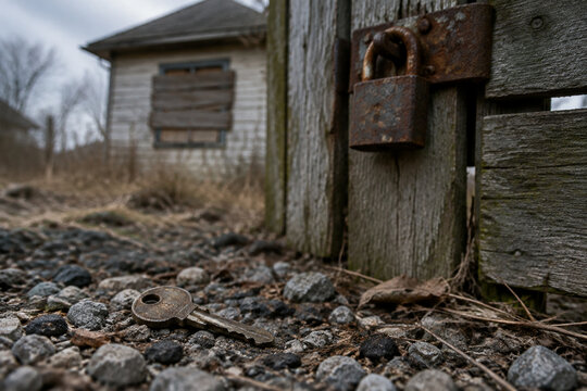 Tarnished house key in gravel, rusted padlock and boarded window, dispossession and foreclosure concept