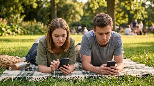 Young couple lying on grass in park ignoring each other while looking at their smartphones