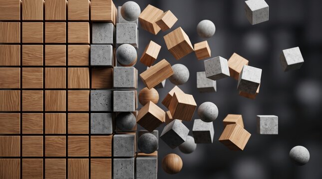 3D abstract composition of wooden and concrete cubes and spheres breaking apart