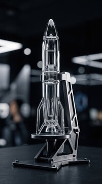 Transparent glass rocket model on a metallic launchpad stand representing fragile or elegant startup concepts