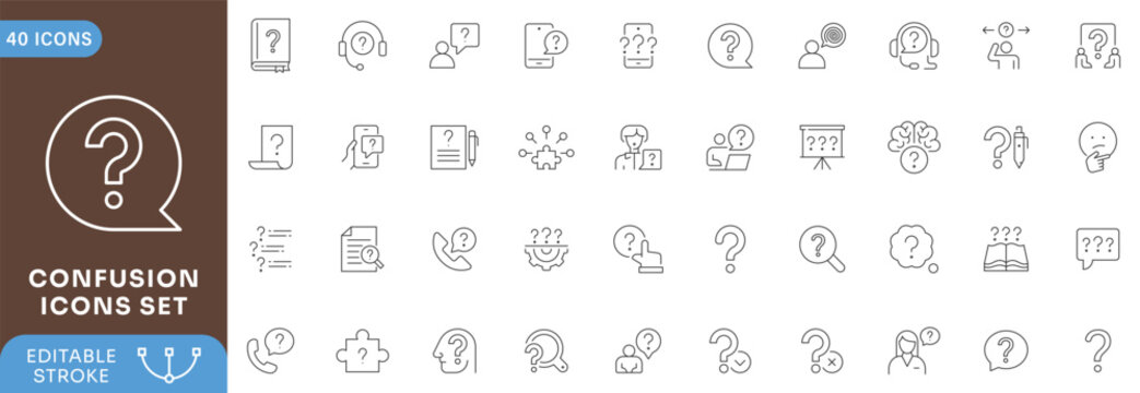Confusion icon set. Containing confused, uncertain, lost, unclear, misunderstand, ambiguity . Outline Icon Collection. Editable stroke