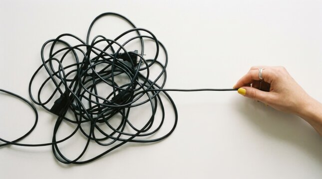 Hand Untangling Tangled Black Wire into Straight Line on White