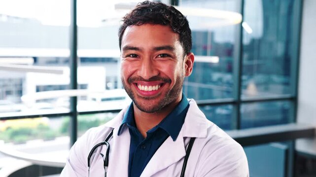 Face, man and confident doctor in hospital for healthcare, wellness service and laugh with happiness. Arms crossed, physician and male person with smile, trustworthy or work ethic of medical employee