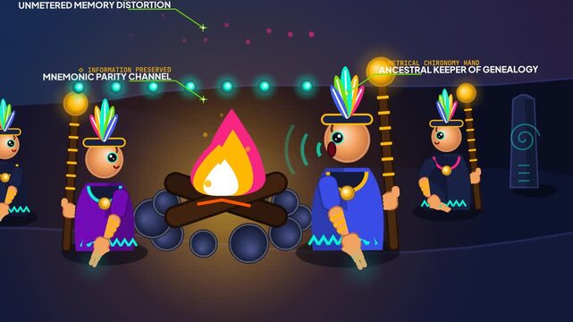 Educational animation explaining oral history preservation through mnemonic devices, strict syllabic cadence, and acoustic parity to maintain true ancestral genealogy without data drift