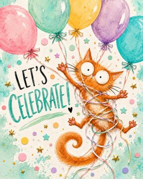Funny Orange Cat Tangled In Ribbons Celebrating Birthday Party
