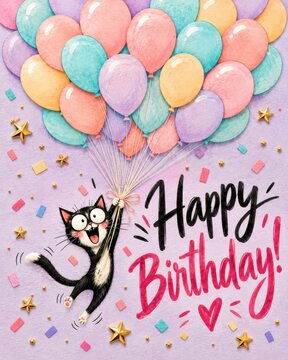 Happy Black Cat Flying With Colorful Birthday Party Balloons