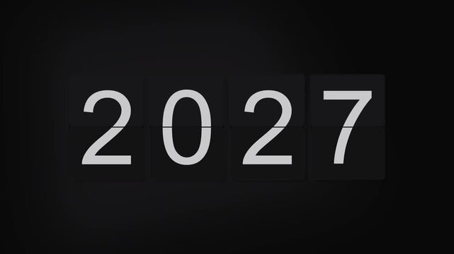 Vintage Mechanical Flip Clock Switching Through the Years 2025, 2026, 2027, 2028, 2029, 2030, 2031, 2032, 2033, 2034, 2035 in a Dark Setting. Retro Split-Flap Calendar with Rotating Number Cards, Mark