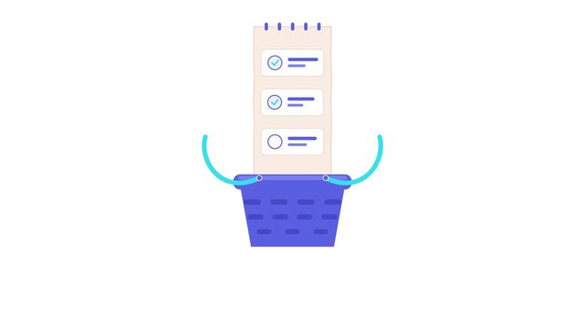 A blue shopping basket animation showing a checklist of completed tasks