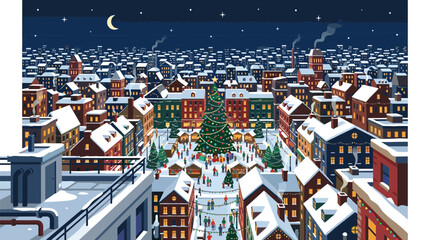Winter City Square with Festive Christmas Market and Holiday Tree © Muhamad