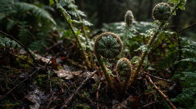 Fern fiddleheads uncoiling on damp forest ground with morning dew drop