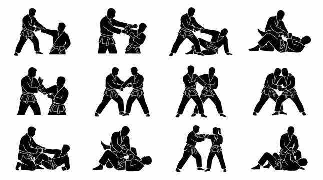 Minimalist vector illustration of a martial arts master in a traditional combat stance, featuring a wise elderly sensei with a long beard wearing a classic karate gi attire.