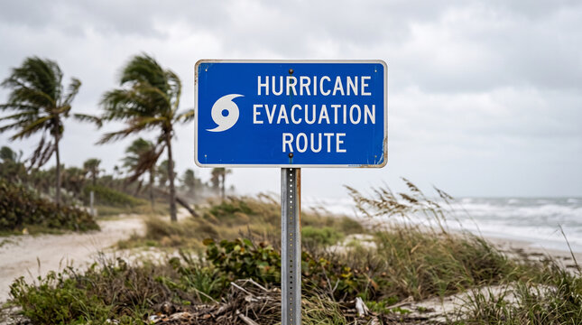 Hurricane evacuation route sign on a beach during stormy weather  