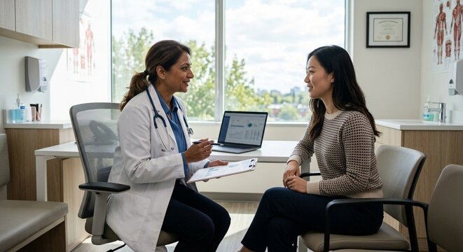 Female doctor in white coat with stethoscope talking with a smiling young woman patient during a medical consultation in a bright modern clinic exam room
