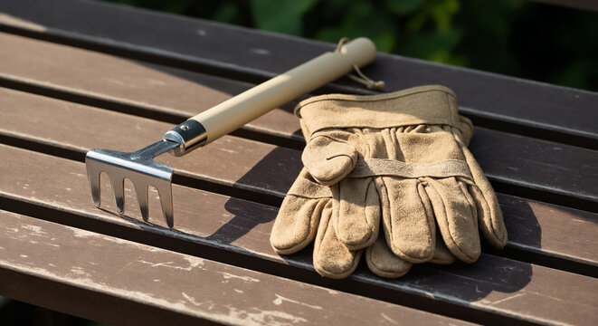 Garden gloves and rake on wooden bench for outdoor gardening