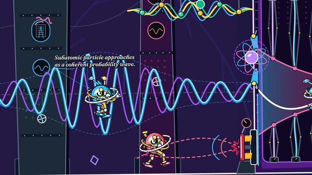 Educational animation of quantum tunneling illustrating subatomic particle wave functions penetrating energy barriers with probability amplitude decay and harmonic interference ripples