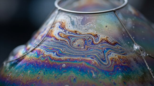 Iridescent soap bubble surface showing swirling rainbow colors and metallic frame