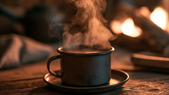 Steaming cup of coffee or tea on a rustic wooden table by a fireplace.
