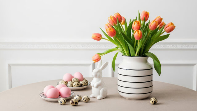 Easter table centerpiece with orange tulips in a striped vase, a white ceramic bunny figurine, and pink and speckled quail eggs on plates