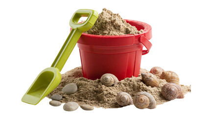 Red plastic bucket with green shovel and seashells in a pile of beach sand © Fionnan