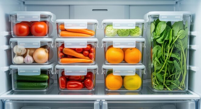 Organized refrigerator shelf filled with clear airtight containers of fresh vegetables and fruits