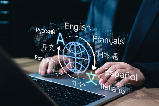 Multilingual language translation technology concept. Businesswoman using laptop with icons various languages, global translation, multilingual communication, international connections, AI translator