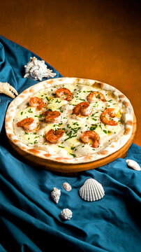 pizza on a wooden board with shrimps nautical themed items around