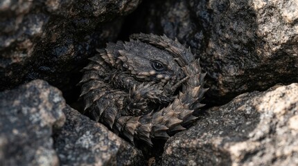 Fototapeta premium An armadillo girdled lizard curled into a defensive ball between dark textured rock crevices