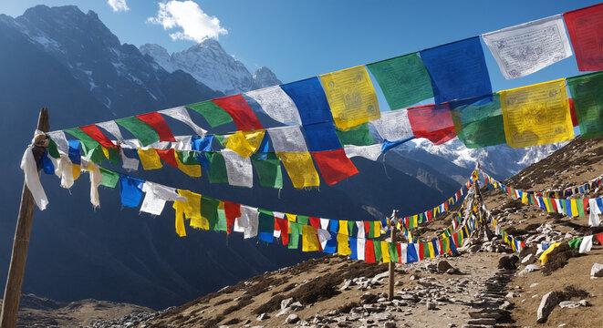 Tibetan prayer flags at Himalayan mountain pass with snowy peaks