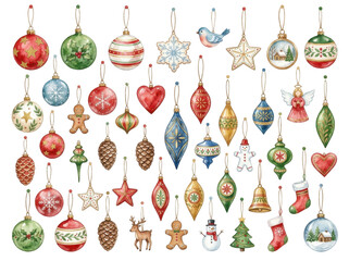 Fototapeta premium Set of festive watercolor Christmas ornaments featuring traditional holiday symbols and patterns
