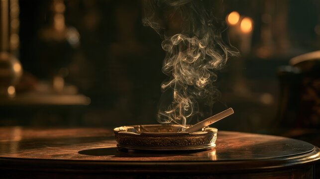 Cigarette burning and releasing smoke into the air, resting in an ornate metal ashtray
