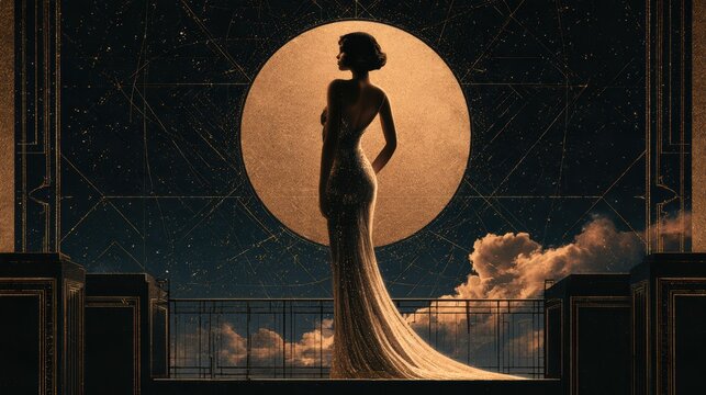 Elegant woman in a glittering gown posing on a balcony against a starry art deco sky