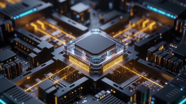 Advanced microchip processor glowing on a circuit board with futuristic electronic components